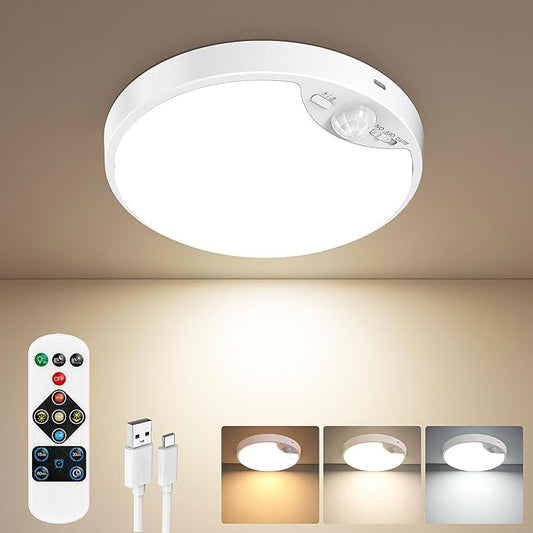 10000mAh Rechargeable Motion Sensor Ceiling Light with Remote, Battery Operated Closet Light No Wiring, Magnetic Wireless LED Ceiling Lights,3 Color Indoor Overhead Lamp for Shower Pantry Shed Hallway