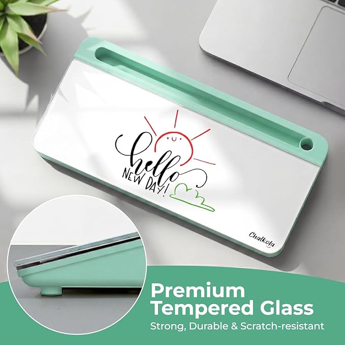 Chalkola Green Glass Desktop Whiteboard with Storage - Dry Erase Board, Work Desk Organizers, Computer Keyboard Stand, Home Office Desk Accessories, Workspace Desktop Buddy