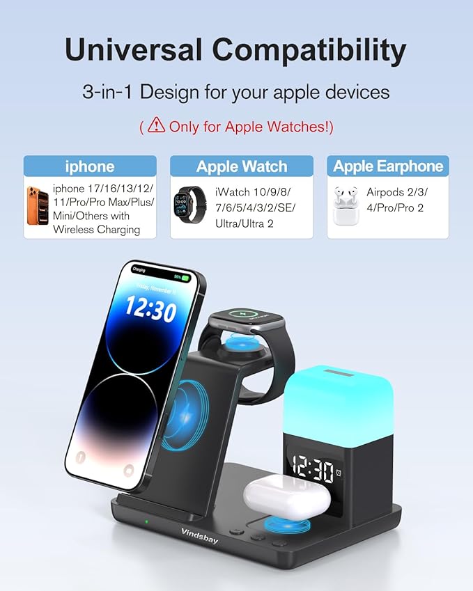 Wireless Charging Station Alarm Clock with 8 Touch Night Lights: 5 in 1 Charger Stand for Apple Devices, Charging Dock for iPhone 17 16 15 14 13 12 Pro Max Plus/Apple Watch/AirPods, Dimmable