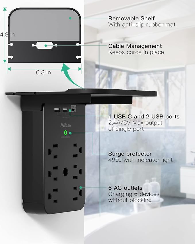 Wall Outlet Extender with Shelf, Surge Protector 6 AC Multi Plug Outlet, 3 USB Charger Station Splitter Expander for Home Bathroom, Black