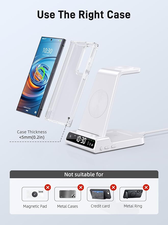 Wireless Charger for Samsung Charging Station: 3 in 1 Android Charging Stand with Dimmable Clock - Nightstand Organizer for Galaxy S25 Ultra, Galaxy Watch 8 7 6 5 4, Galaxy Buds (Not for iWatch)