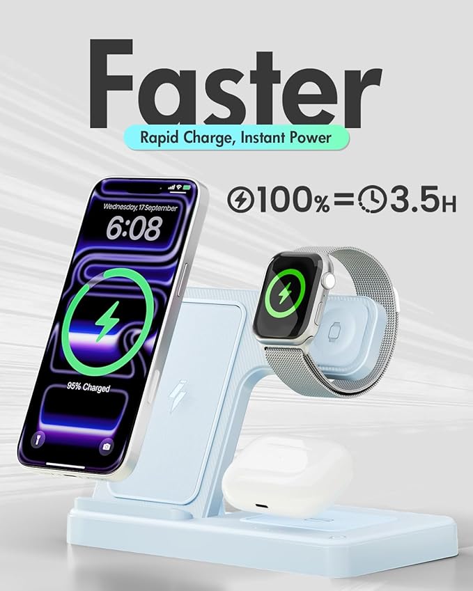 Wireless Charger Stand Charging Station: 3 in 1 Charger Stand Multiple Devices for Apple - iPhone 17 16e 16 15 14 Pro Max 13 12 - Watch 11 10 9 8 7 6 5 4 3 2 SE and Ultra Series-Airpods 4 3 Pro, Blue