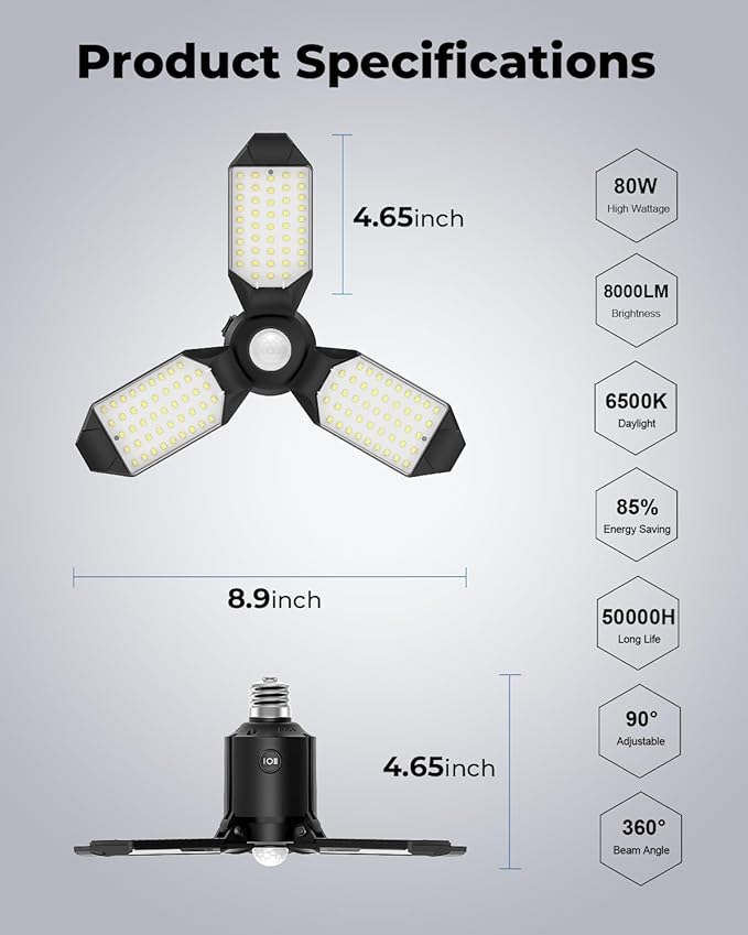 toberich 4 Pack Motion Sensor Garage Lights, 8000LM LED Shop Lights Motion Activated, 3 Switch Modes, 6500K Indoor Motion Sensor Light Bulb for Garage, Stairway, Laundry Room, Basement