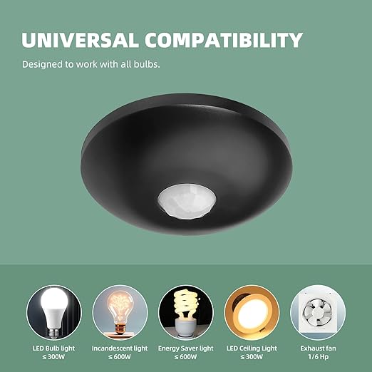 ECOELER Ceiling Mount Motion Sensor, 360 Degree Occupancy Sensor Switch, 10-40 Ft High Sensitive PIR Infrared Motion Activated Switch for CFL/LED/Incandescent Bulb, Black, UL & FCC Listed