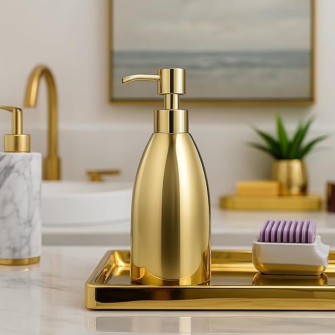 304 Stainless Steel Soap Dispenser 16oz Rust-Proof Liquid Soap Pump Bottle for Kitchen or Bathroom Countertop Hand Dish Lotion Leak-Proof (Polished Gold)