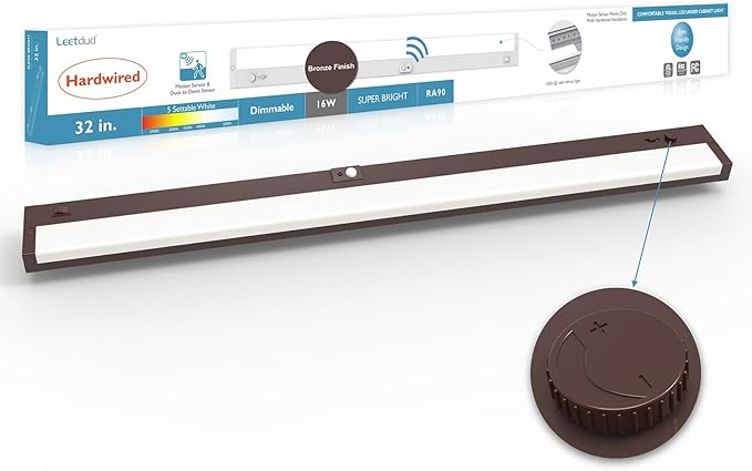 Leetdud LED Under Cabinet Lighting Motion Sensored Hardwired with Built-in Dimmer, 32 Inch 16W Dimmable 5 Color 2700/3000/3500/4000/5000K, Linkable Eyes Care for Kitchen, Counter, ETL Listed, Bronze