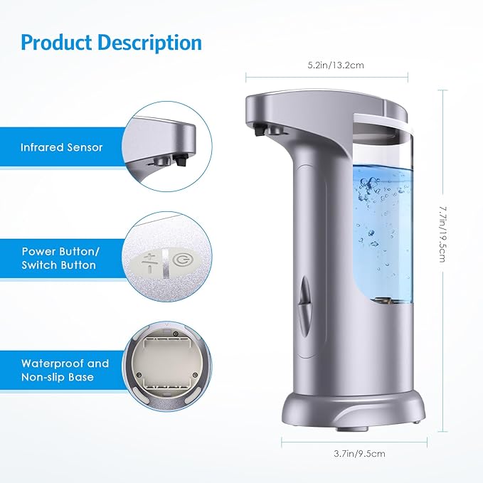 AMIR 12.5oz Touchless Automatic Soap Dispenser, Battery Operated Automatic Liquid Hand Soap Dispenser, Adjustable Volume, Water-Resistant for Kitchen and Bathroom