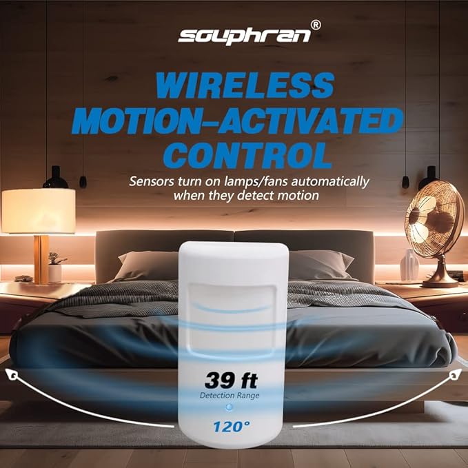 Plug-in Wireless Motion Activated Light Control, No Wiring, 130 Ft RF Range, Adjustable Detection Range, Always-on Timer and Light Sensor, Motion Detector and Plug Set