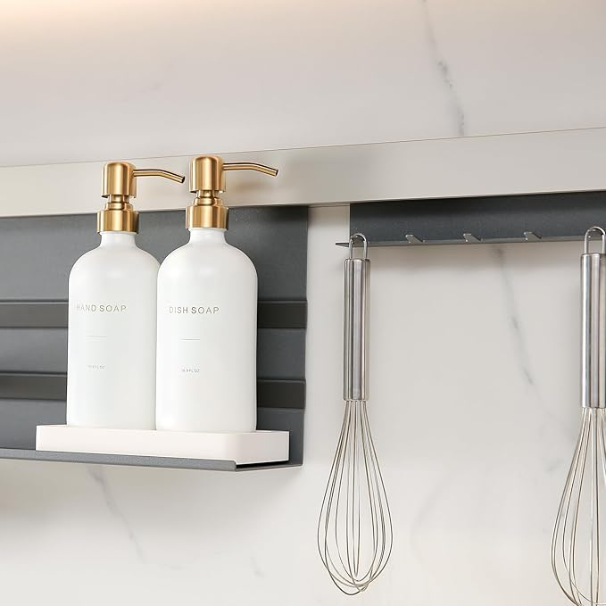 Prus Waso Gold Soap Dispenser Set, Glass Soap Dispenser with Stainless Steel Pump, Perfect for Modern Kitchen Counter Decor. (Gold)