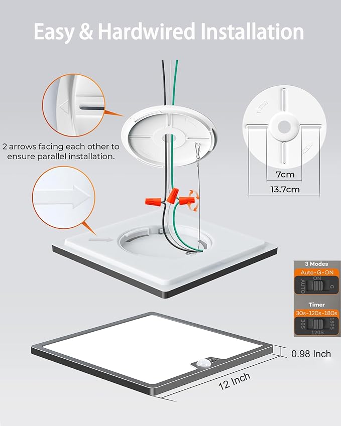 Annaror 12in Motion Sensor Ceiling Light Wired, 3000K 4000K 5000K Selectable, 24W Flush Mount Square Motion Ceiling Light with 3 Timer for Closet Porch Stairs Hallway, Black
