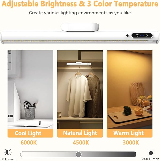Hapfish Battery Powered Operated Wall Strip Lights, Rechargeable Magnetic LED Light Bar with Remote, Dimmable Desk Lamp, Under Cabinet Lighting Wireless for Mirror Closet Bathroom Kitchen – White