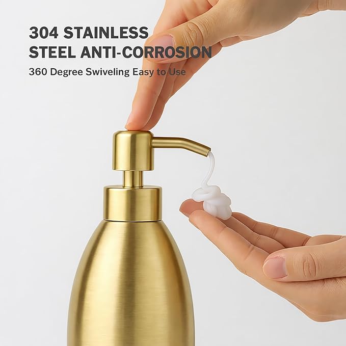 304 Stainless Steel Soap Dispenser 16oz Rust-Proof Liquid Soap Pump Bottle for Kitchen or Bathroom Countertop Hand Dish Lotion Leak-Proof (Matte Gold)