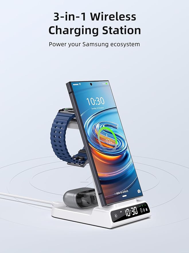 Wireless Charger for Samsung Charging Station: 3 in 1 Android Charging Stand with Dimmable Clock - Nightstand Organizer for Galaxy S25 Ultra, Galaxy Watch 8 7 6 5 4, Galaxy Buds (Not for iWatch)