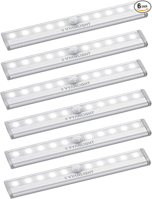 VYANLIGHT Under Cabinet Lighting – Motion Sensor Closet Lights, Battery Operated LED Strip Light Bar, Stick-On Wireless Indoor Lights for Kitchen, Pantry, Hallway, Stairs, 6 Pack
