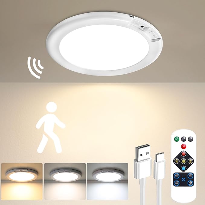 Gotopceed Rechargeable Motion Sensor Ceiling Light with Remote - Magnetic Wireless Ceiling Light Battery Powered for Closet Shower Stairs Shed Hallway ect