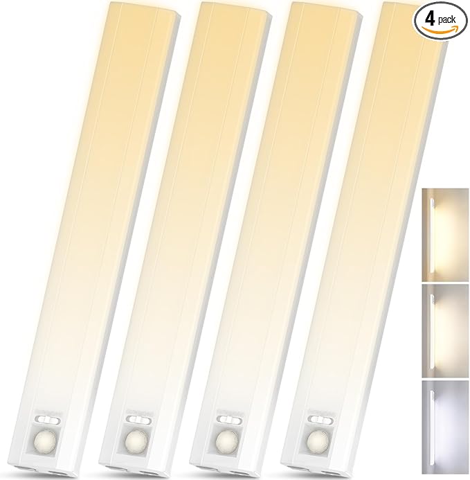 10inch Under Cabinet Lighting, 68 LED 3 Color Rechargeable Motion Sensor Light Indoor, 6 Levels Dimmable Magnetic Closet Lights, Wireless Under Counter Lights for Kitchen, Stairs, Bedroom, 4-Pack