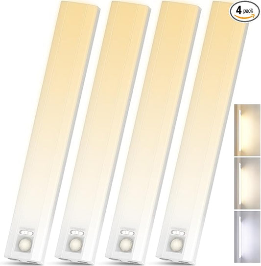 10inch Under Cabinet Lighting, 68 LED 3 Color Rechargeable Motion Sensor Light Indoor, 6 Levels Dimmable Magnetic Closet Lights, Wireless Under Counter Lights for Kitchen, Stairs, Bedroom, 4-Pack