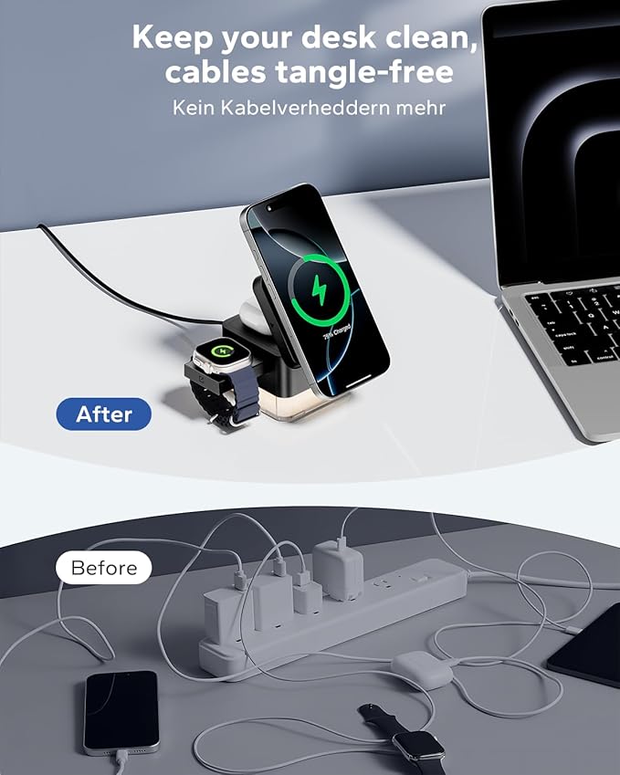 KPON 3 in 1 MagSafe-Compatible Charging Station for Apple, Nightstand Fast Wireless Charger, Foldable Cube, Charging Stand with Night Light, for iPhone 17/16/15/14/13/12, Apple Watch/AirPods, Black