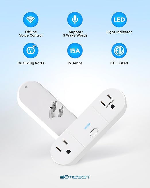 Emerson SmartVoice 2-in-1 Dual Smart Wall Plug Outlet, Voice Control, No WiFi or App, Outlet Extender with Sleep & Wake Timer, Hands-Free Control, ETL Listed