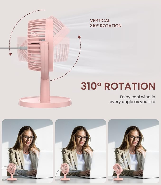 Small Personal USB Powered Fan with 4 Speeds, Portable Desk Fans with 310° Rotation, Mini Powerful Table Fans, Ultra Quiet Air Cooling Fan for Office, Bedroom, Easy to Store, Strong, Compact-Pink
