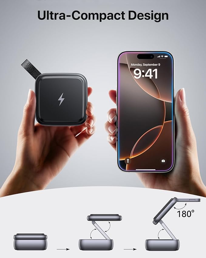 UEQ 3 in 1 Wireless Charging Station for Apple Devices,Foldable Fast Travel Magnetic Wireless Charger,Compatible with MagSafe Charger for iPhone 17 Air 16 15 14 13 12,Apple Watch&AirPods Pro