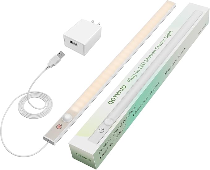 14" Slim USB Plug-in LED Motion Sensor Light Indoor, Bright & Dimmable Under Cabinet Light - 3 Modes (ON/Night/Day) for Kitchen, Cabinet, Closet - 3000K Warm White, 1 Pack (Standalone)