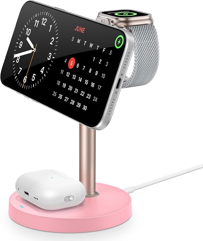 3 in 1 Magnetic Wireless Charging Station, 15W Fast Charger Stand for iPhone, Phone Charger Stand for Desk Nightstand, for iPhone 17/16/15/14/13/12, Apple Watch & AirPods, Adapter Not Included -Pink