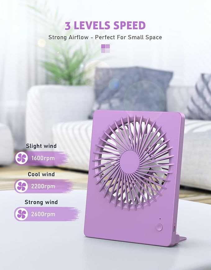 Zuvas Desk Fan Battery Operated Fan Rechargeable 180°Tilt Folding Personal Fan Ultra Quiet Small Portable 3 Speed Adjustable Strong Wind Fan For Office Bedroom Home Desktop Camping (Purple)