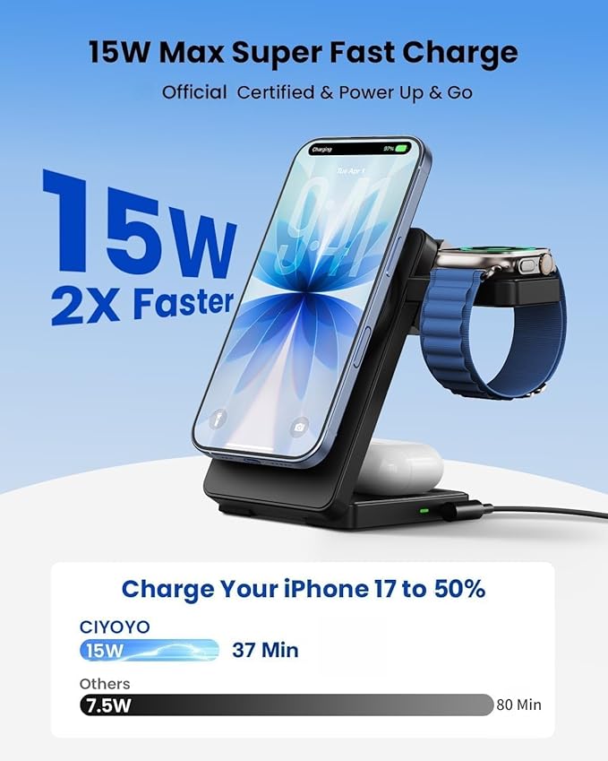 Magnetic Wireless Charging Station for Apple: Upgraded Certified 15W 3-in-1 Magsafe Wireless Charger Stand, Foldable Travel Fast Charger for iPhone 17 16 15 14 13 12 Series, Apple Watch, AirPods
