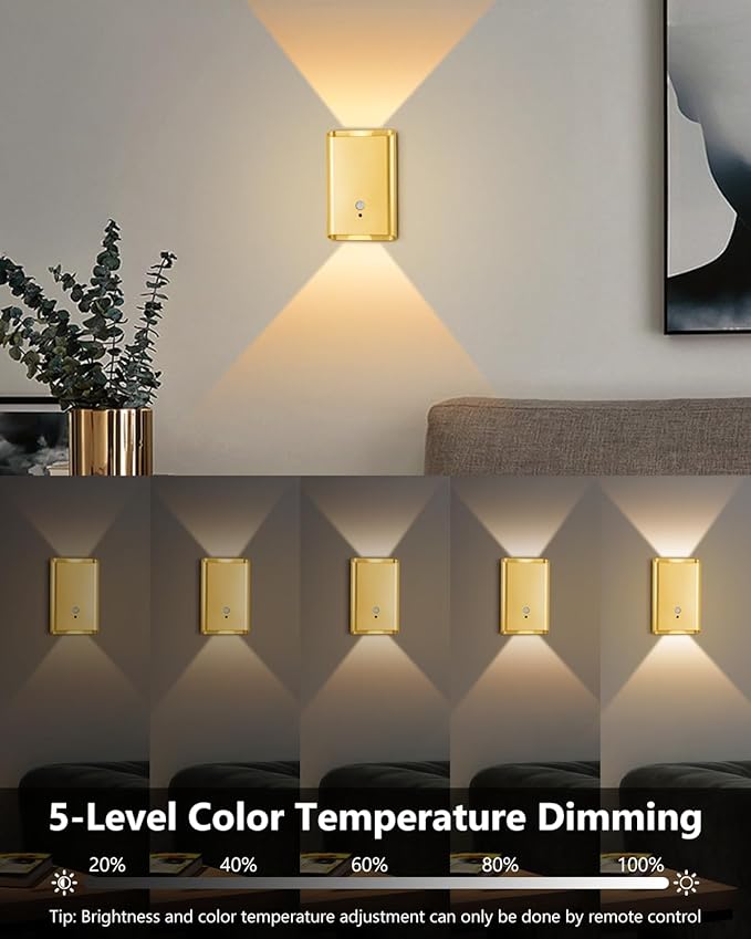 Rechargeable Motion Sensor Wall Sconce Set of 2 – 5000mAh Wireless Battery Operated Wall Light Indoor,3 Colors Up/Down Lighting Magnetic Night Light with Remote Control for Bedroom,Hallway (Gold)