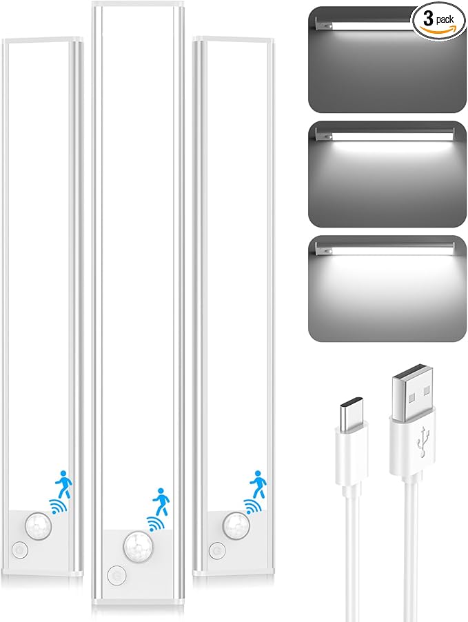 12'' Under Cabinet Lights, 2500mAh LED Battery Operated Rechargeable Motion Sensor Lights Indoor, Magnetic Dimmable Closet Light, Wireless Under Counter Cupboard Night Light for Kitchen, Stair, 3 Pack
