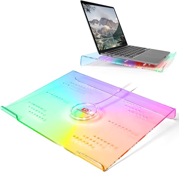 Acrylic Laptop Stand Clear Tablet Holder with 366 Kinds of RGB Backlight,Multiple Heat Dissipation Vents Ergonomic Tilted Mount Riser for PC,Notebook,MacBook,Phone from 10 to 17.3 Inch Work/Home