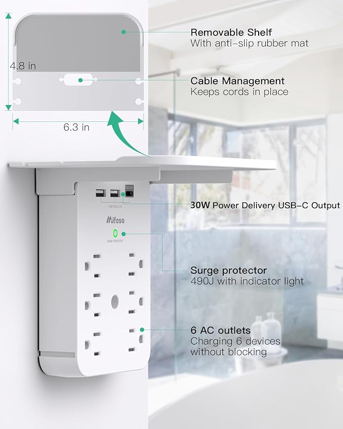 Wall Outlet Extender with Shelf, Surge Protector 6 AC Multi Plug Outlet, PD 30W USB Charger Station Splitter Expander for Home Room