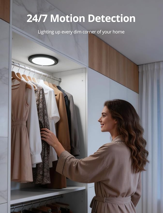 Bojim Rechargeable Motion Sensor Wireless Closet Ceiling Light 6000mAh Battery Powered, Magnetic Fixture Shower Lights with Remote Dimmable Timing for Laundry Bathroom Black