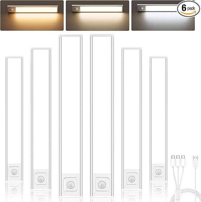 Onforu 9.8" Under Cabinet Lighting, 2000mAh USB-C Rechargeable, Motion Sensor Under Cabinet Lights with 3 Color & Dimmable, Magnetic Under Counter Lights for Kitchen, Closet, 6 Pack