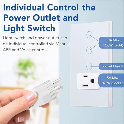 Combination Smart Touch Light Switch and Smart WiFi Power Wall Outlet, Tuya APP Smart Life, 15A /90-250V AC 60Hz, Combo Style, White