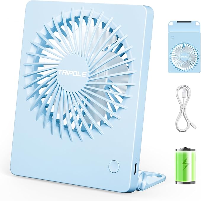 TriPole Mini Portable Desk Fan Rechargeable Ultra Quiet Small Fan 4.5 Inch Personal Travel Fan with 180° Tilt Folding and 3 Speeds Adjustable for Office Desktop Bedroom (Blue)