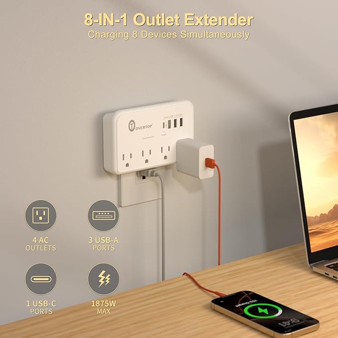 Overtop Wall Outlet Extender, 1800Joules Electrical Surge Protector, 4 AC Outlet Splitter with 4 USB Ports(1 USB C), Small Multi Plug Wall Charger for Home Office Travel Dorm