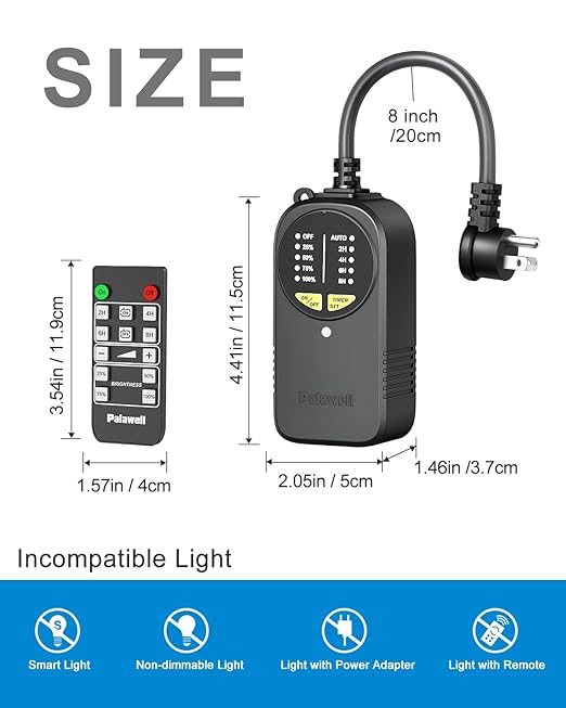 Outdoor Dimmer Plug for String Lights with Remote, 600W Plug-in Dimmer Switch Dusk-to-Dawn Sensor + Timer, Power Outage Memory, IP65 Waterproof, No App No WiFi, for Patio, Indoor & Holiday Lights