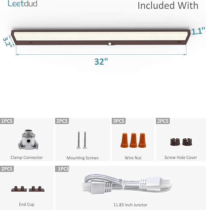 Leetdud Under Cabinet Lighting Motion Sensor Hardwired, 32 Inch 16W Dimmable, 5 CCT 2700/3000/3500/4000/5000K, Eyes Care Design Linkable Under Counter Lights for Kitchen, Sink, ETL Listed, Bronze