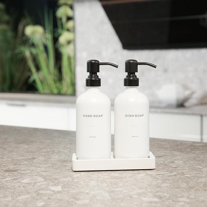 Prus Waso Kitchen Soap Dispenser Set, White Soap Dispenser with Black Stainless Steel Pump, Perfect for Modern Kitchen Decor. (White)