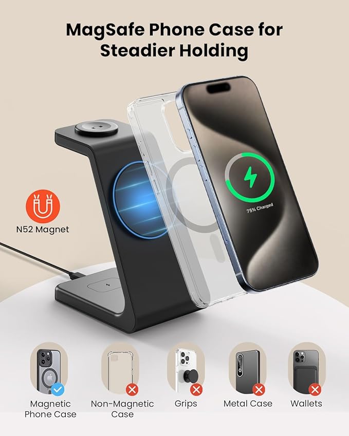 Magsafe Wireless Charging Station for iPhone: 3 in 1 15W Magnetic Portable Desktop Charging Station for iPhone17/16/15/14/13/12 Series, Apple Watch, AirPods 4/3/2/Pro