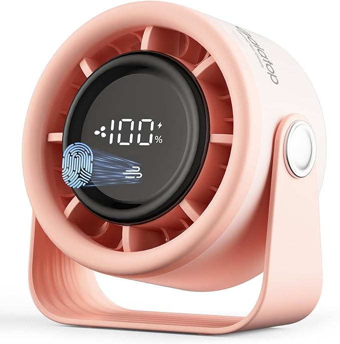 Gaiatop Small Desk Fan Rechargeable, Quiet Personal Table Fan, Touch Control Display, 360° Tilt, 5-Speed Strong Wind, 4000mAh Battery, Small Fans for Bedroom Dorm Office, Gifts for Women Girls, Pink