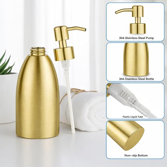 304 Stainless Steel Soap Dispenser 16oz Rust-Proof Liquid Soap Pump Bottle for Kitchen or Bathroom Countertop Hand Dish Lotion Leak-Proof (Matte Gold)
