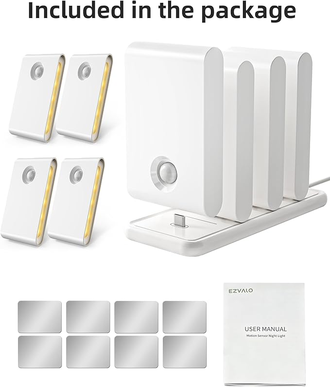 EZVALO Motion Sensor Stair Lights Indoor, Rechargeable Night Lights with Magnetic & Dimmable, Auto On/Off 3000K Soft White, Stick-On for Stairs, Hallway, Bathroom (8 Pack with Charging Station)
