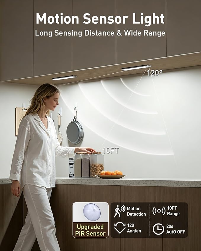 Diomart Under Cabinet Lighting, RGB LED Closet Light Rechargeable, Motion Sensor Light Indoor Stick on Under Counter Lights for Kitchen, Stairs, 4 Pack