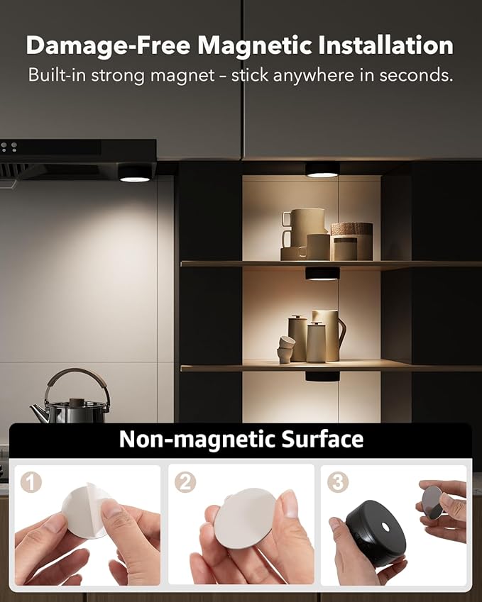 Rechargeable Puck Lights with Remote Control, Black 2400mAh Radar Motion Sensor RGB Under Cabinet Lighting Battery, Magnetic Color Changing Night Lights for Shelf, Showcase, Bookcase, Pantry, Wardrobe