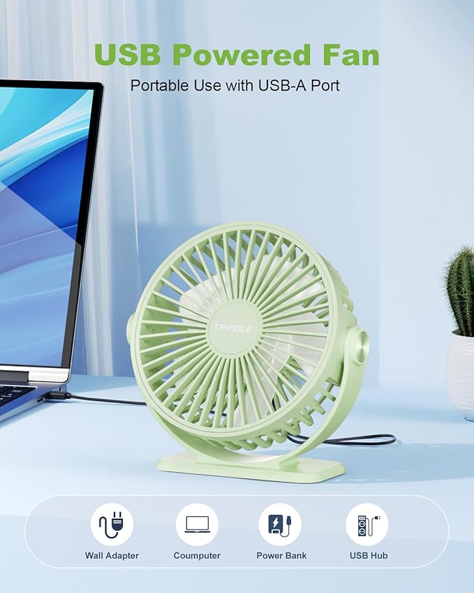 TriPole USB Desk Fan Mini Portable Fan, 3 Speeds Strong Breeze Small Electric Fans, 360° Rotation Quiet Plug In Personal USB Fans for Desktop Bedroom Office Table Travel Cruise, Green, 4.5in