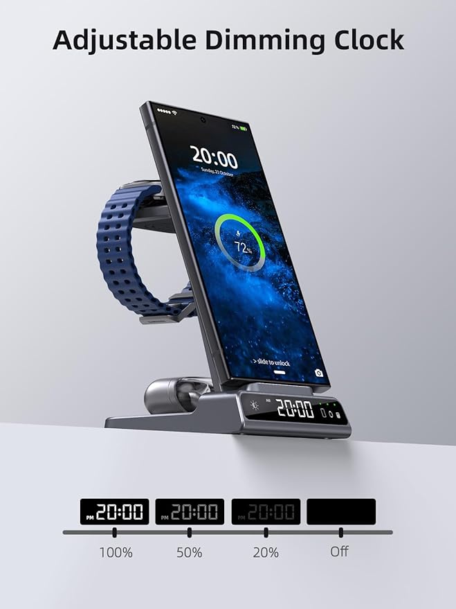 Wireless Charger for Samsung Charging Station: 3 in 1 Android Charging Stand with Dimmable Clock - Nightstand Organizer for Galaxy S25 Ultra, Galaxy Watch 8 7 6 5 4, Galaxy Buds (Not for iWatch)