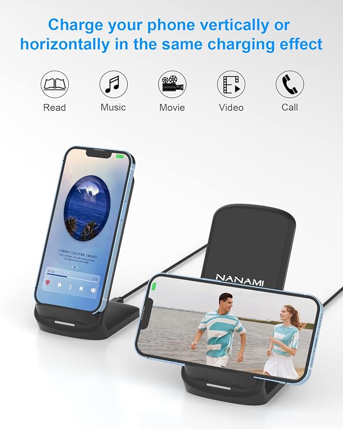 NANAMI Upgraded Fast Wireless Charger, Wireless Charging Stand Compatible with Samsung Galaxy S26/S26+/S25/S24/S23/S22/S21 & Phone Charger Dock for iPhone 17/17 Air/16/16 Plus/16 Pro/15/14/13/12